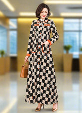 HEYFANCYSTYLE Women's Elegant Checkered Orange-Trim Designer Japanese Wool-Blend Full-Length Coat